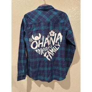 NWT Disney Lilo and Stitch Ohana Means Family Blue Green Plaid Flannel Shirt S